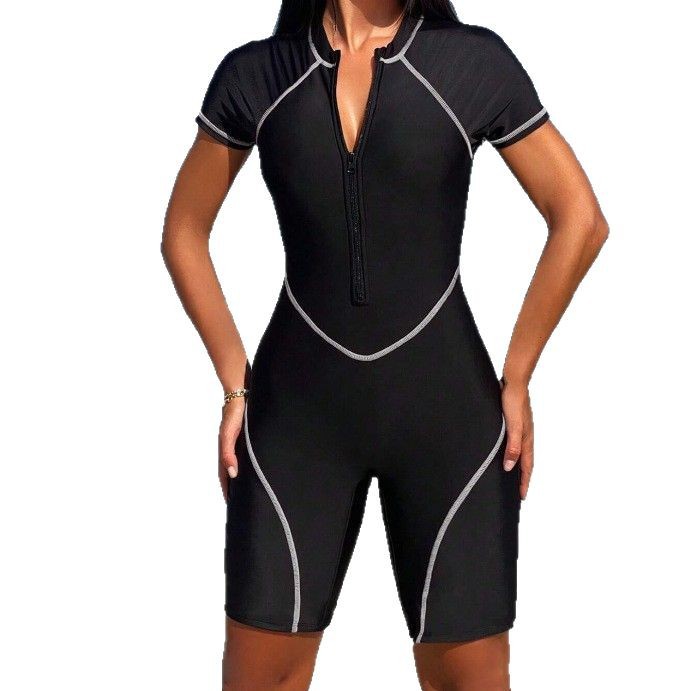 New Solid Color Stitching Tight Zipper Short Sleeve One-piece Swimsuit For Women