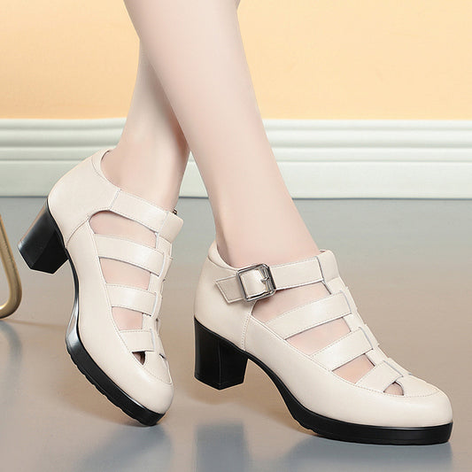 Closed Toe Sandals Summer Chunky Heel Woven Hollowed Ankle-strap Buckle Women's Shoes