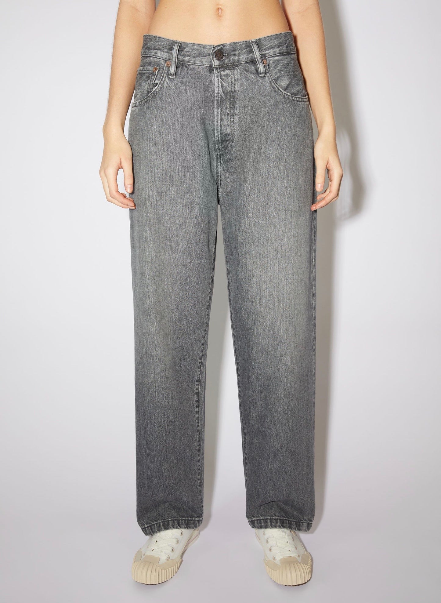 Washed Grey Classic Basic High Waist Cord Straight Leg Jeans
