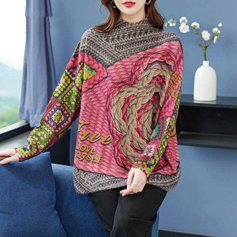 Plus-sized Fashion Personalized Printing Knitted Pullover Sweater