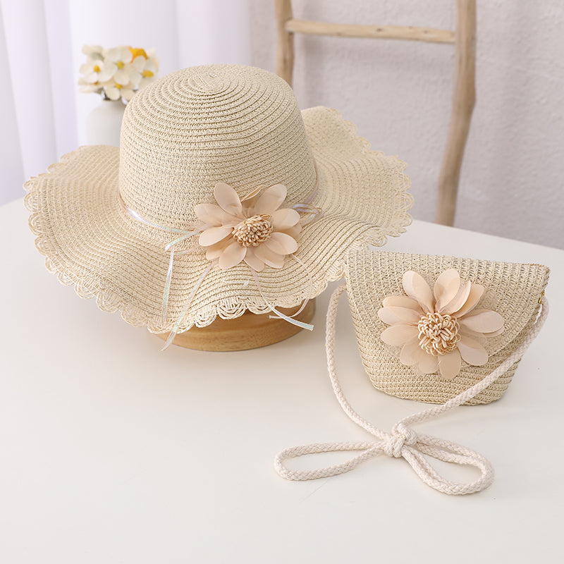 Children's Summer Sunshade Flower Princess Straw Hat Backpack Set