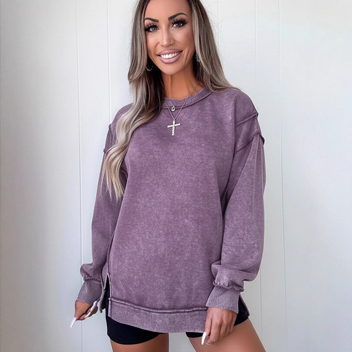 Women's Loose Casual Solid Color Slit Top