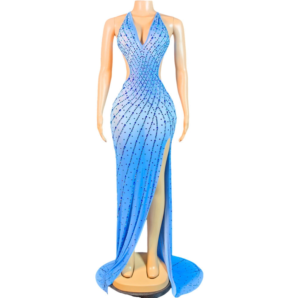 New Elegant Celebrity-Style Party Slip Dress With A Deep V-Neck And Sparkling Rhinestones