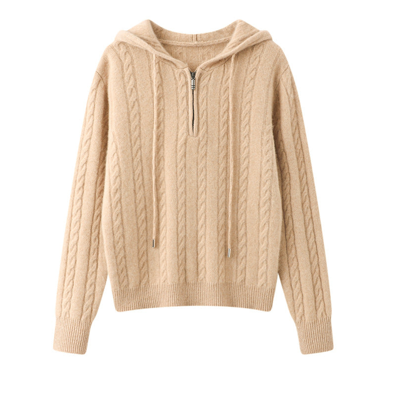 Cashmere Sweater Women's Hooded Twist Half-open Collar Sweater