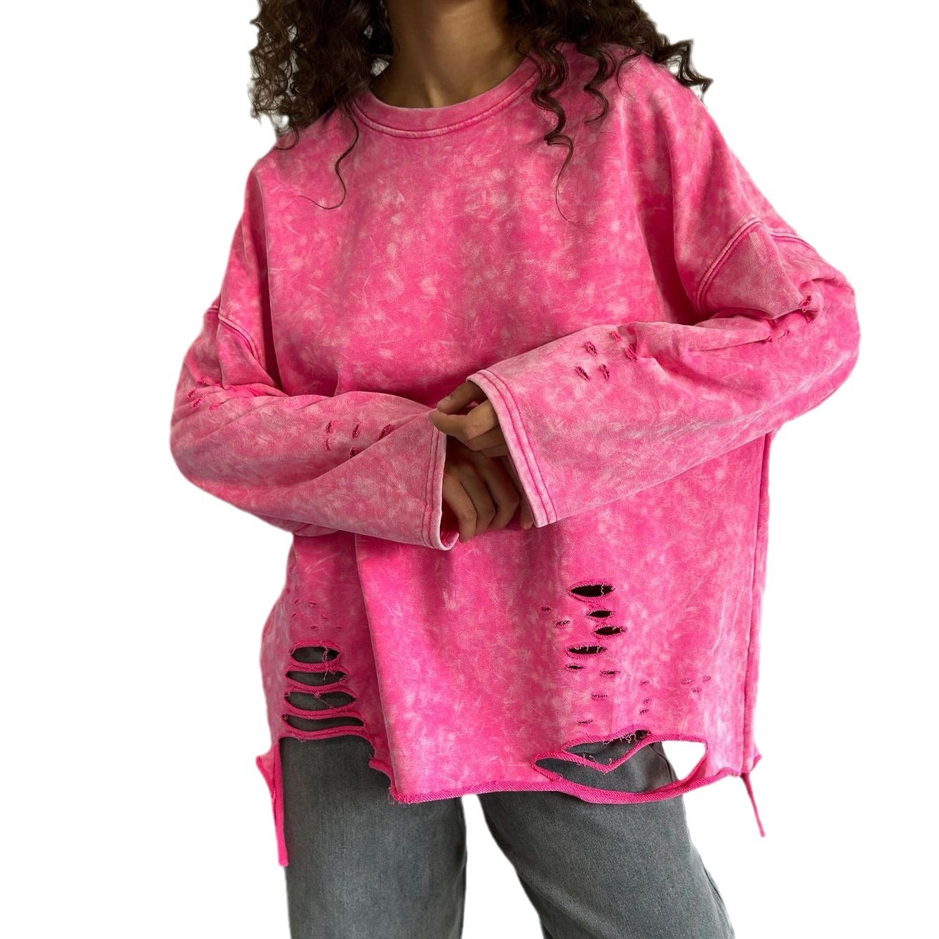 Dame ribbet sweaterjakke med rund hals