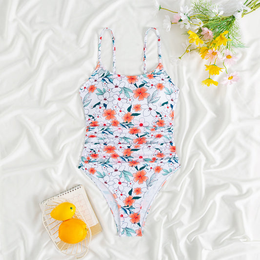 Printed Suspenders Pleated Women's One-piece Swimming Suit