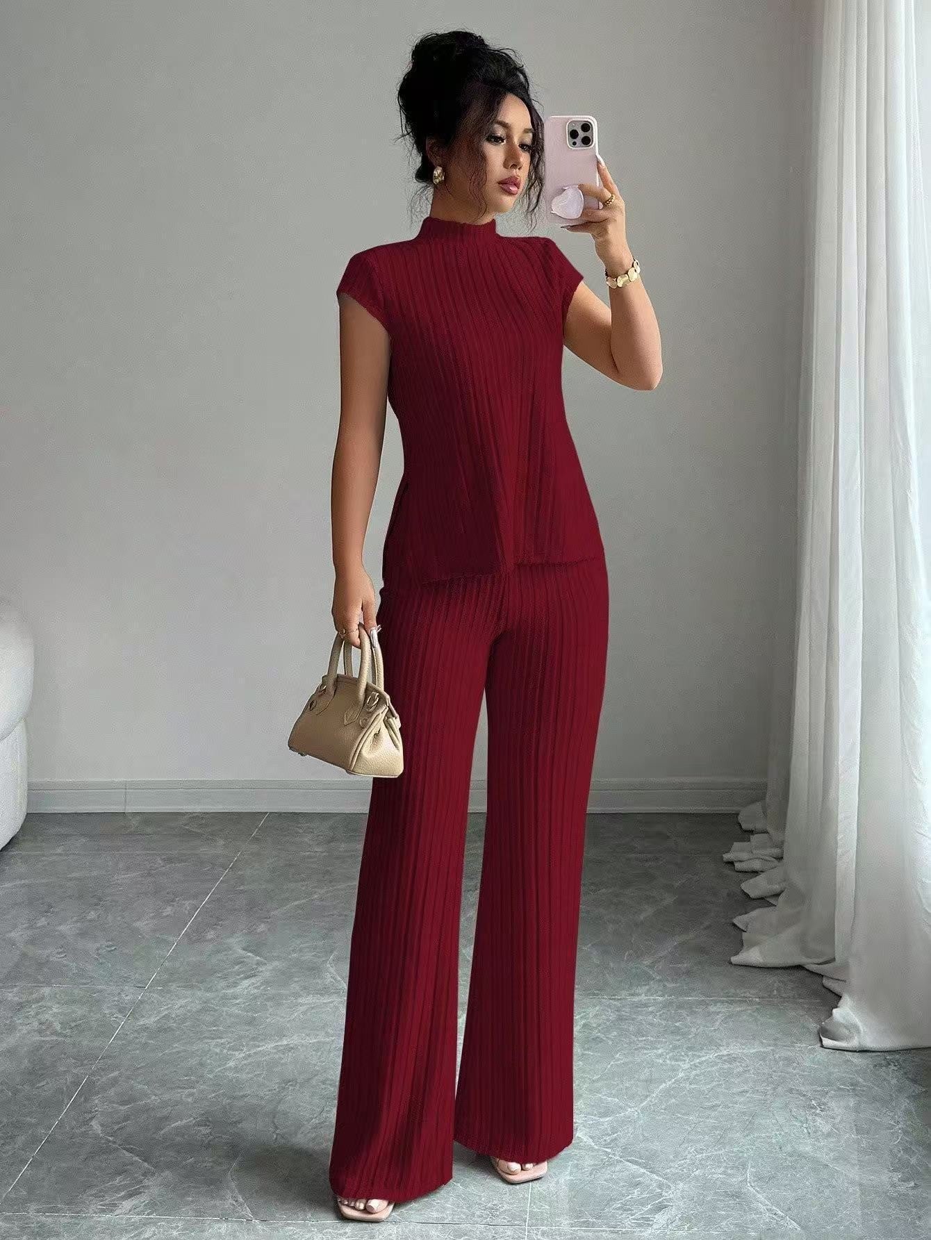 Solid-color Short-sleeve Top And Ribbed Casual Pants Set