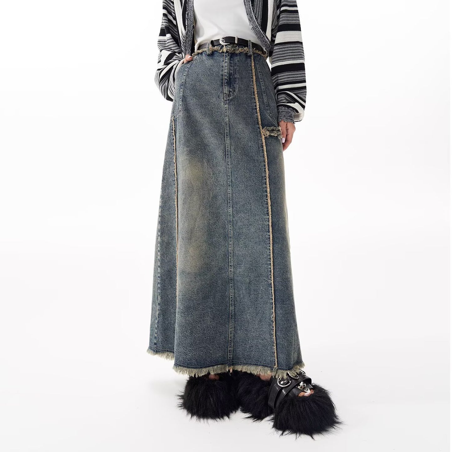 American Style Distressed Raw Edge Denim Skirt Plus Size Women