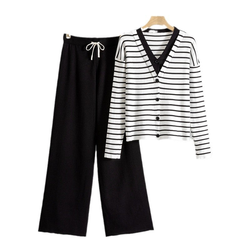 Fake Two-Piece Knitted Cardigan Top And Wide-Leg Pants Set