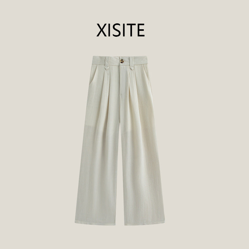 Casual Anti-wrinkle Thin High Waist Slimming And Straight Draping Cotton Linen Wide Leg Pants Long