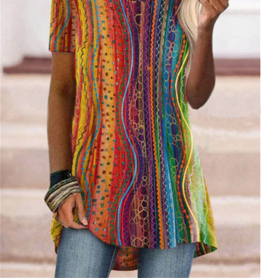 Round Neck Ethnic Vintage Women's Print Short Sleeve T-Shirt