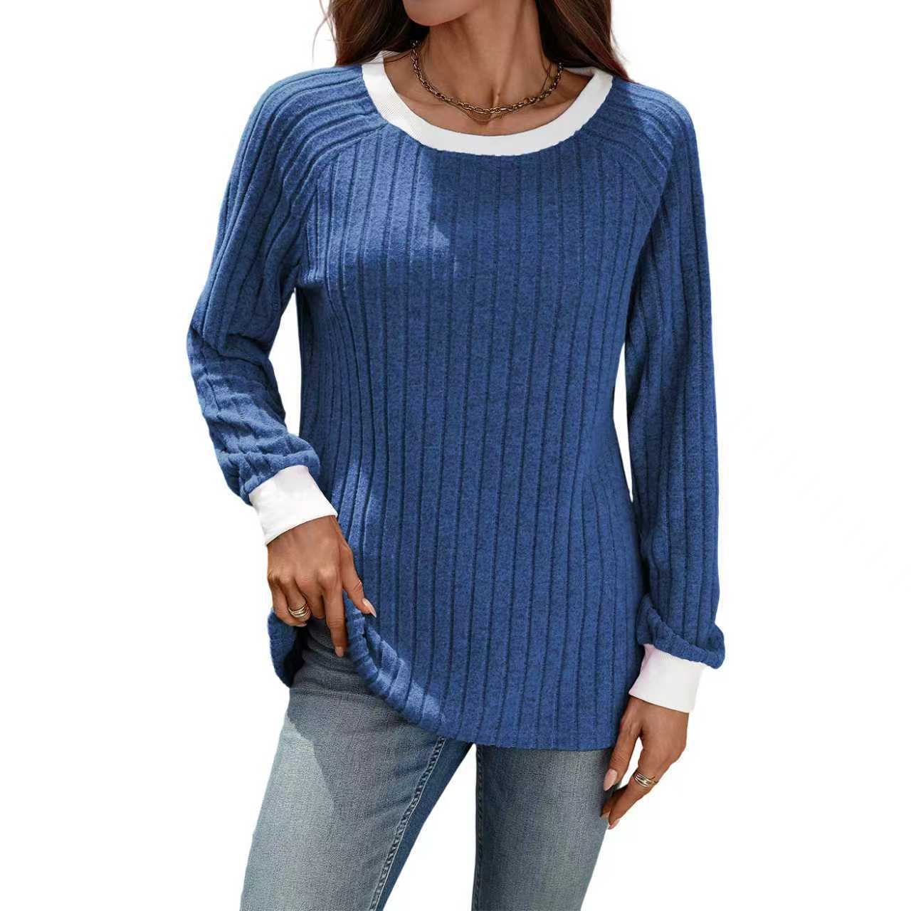 European And American Autumn And Winter Round Neck Contrast Color Long Sleeves Sunken Stripe T-shirt
