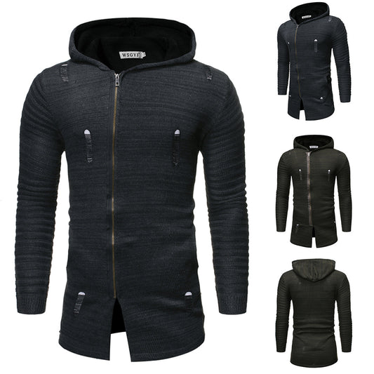 Men's Casual Knit Sweater Diagonal Pull Hole Hooded Cardigan Sweater Men