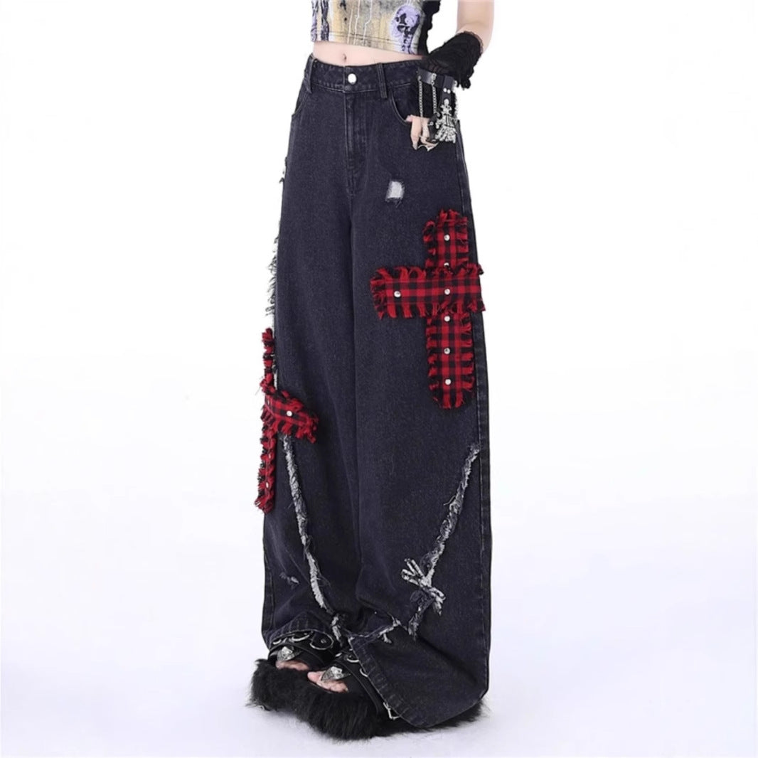 Retro Tattered Stitching Red Plaid Jeans