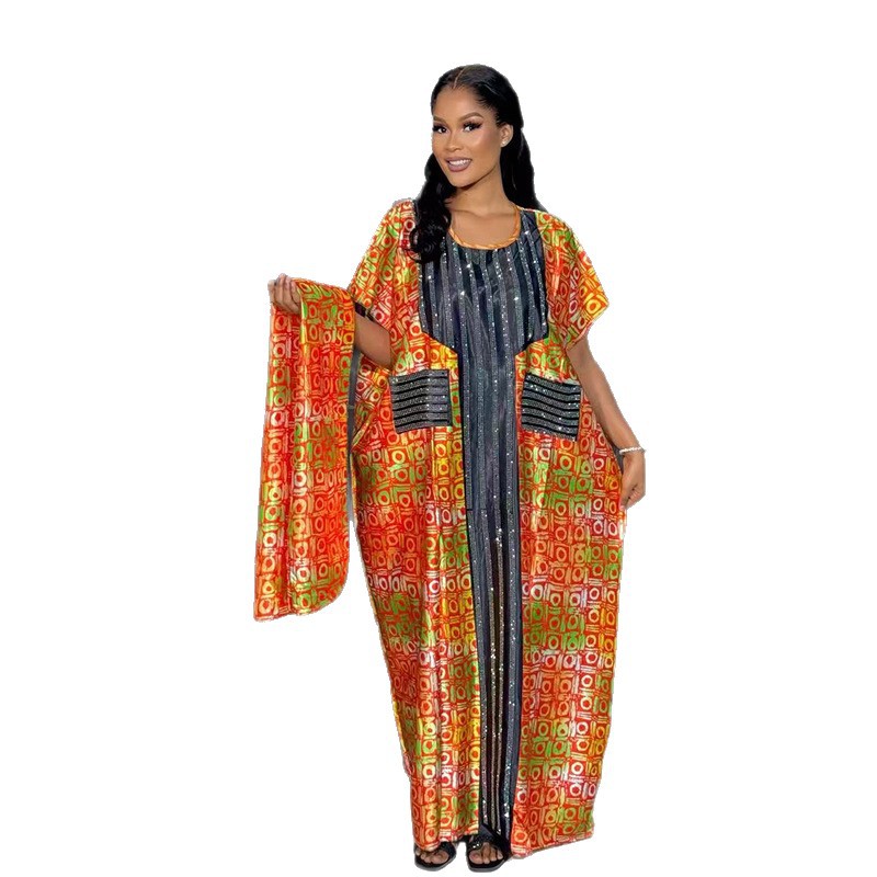 Printed Loose Robe Ethnic-Style Rhinestone-Embellished Plus-Size Dress