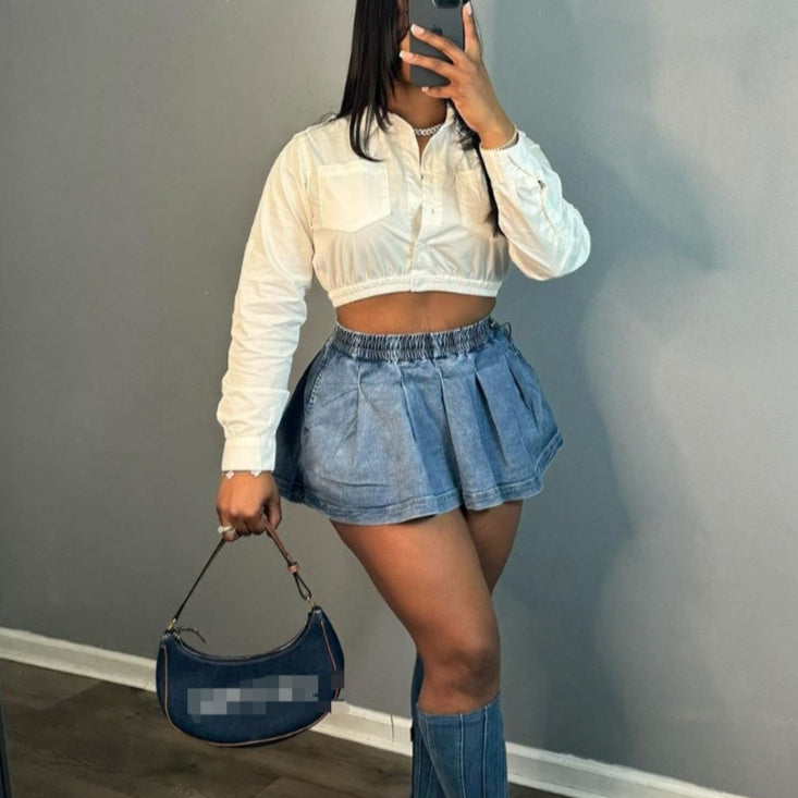 Women's Fashion All-matching Solid Color High Waist Crimp Denim Skirt