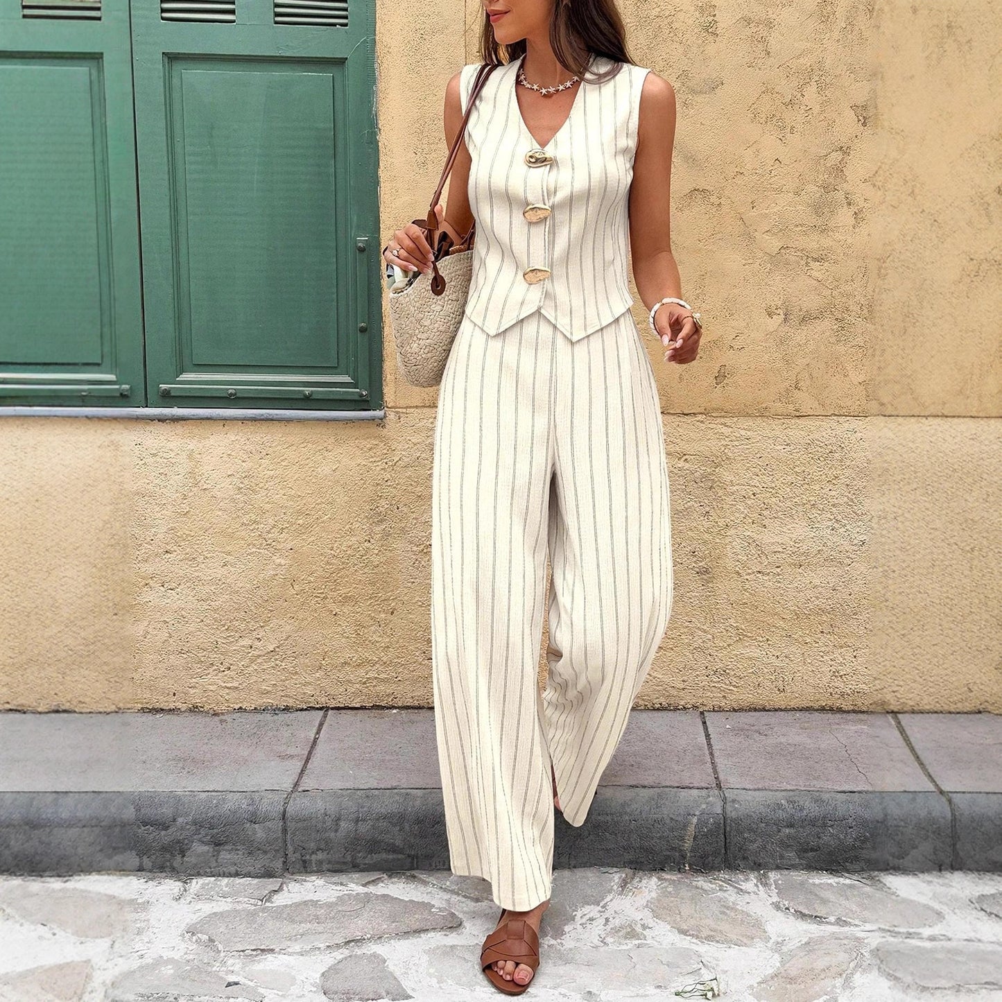 Vertical-striped Button-up Vest And Straight-leg Trousers Set