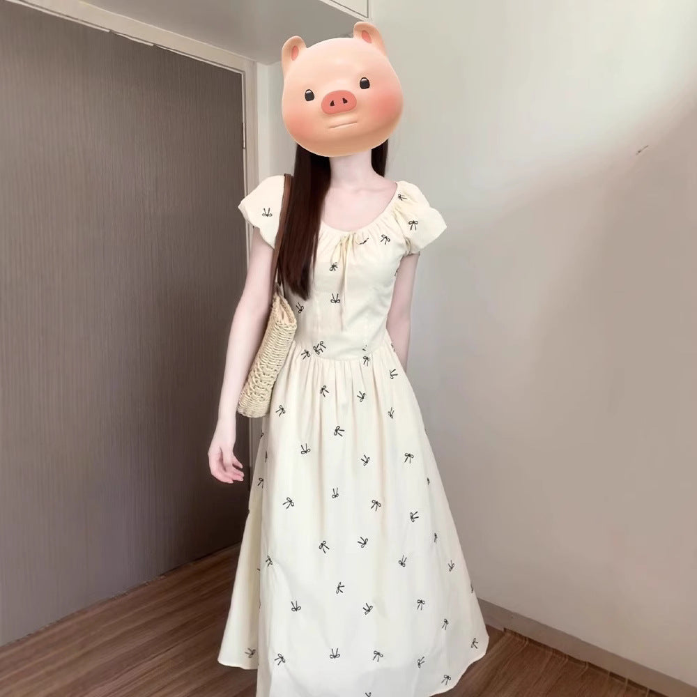 Womens French-style Floral Dress With Bow And Puffed Sleeves