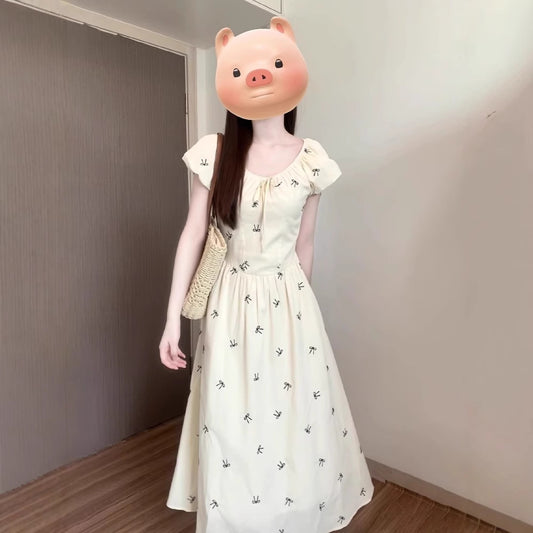Womens French-style Floral Dress With Bow And Puffed Sleeves
