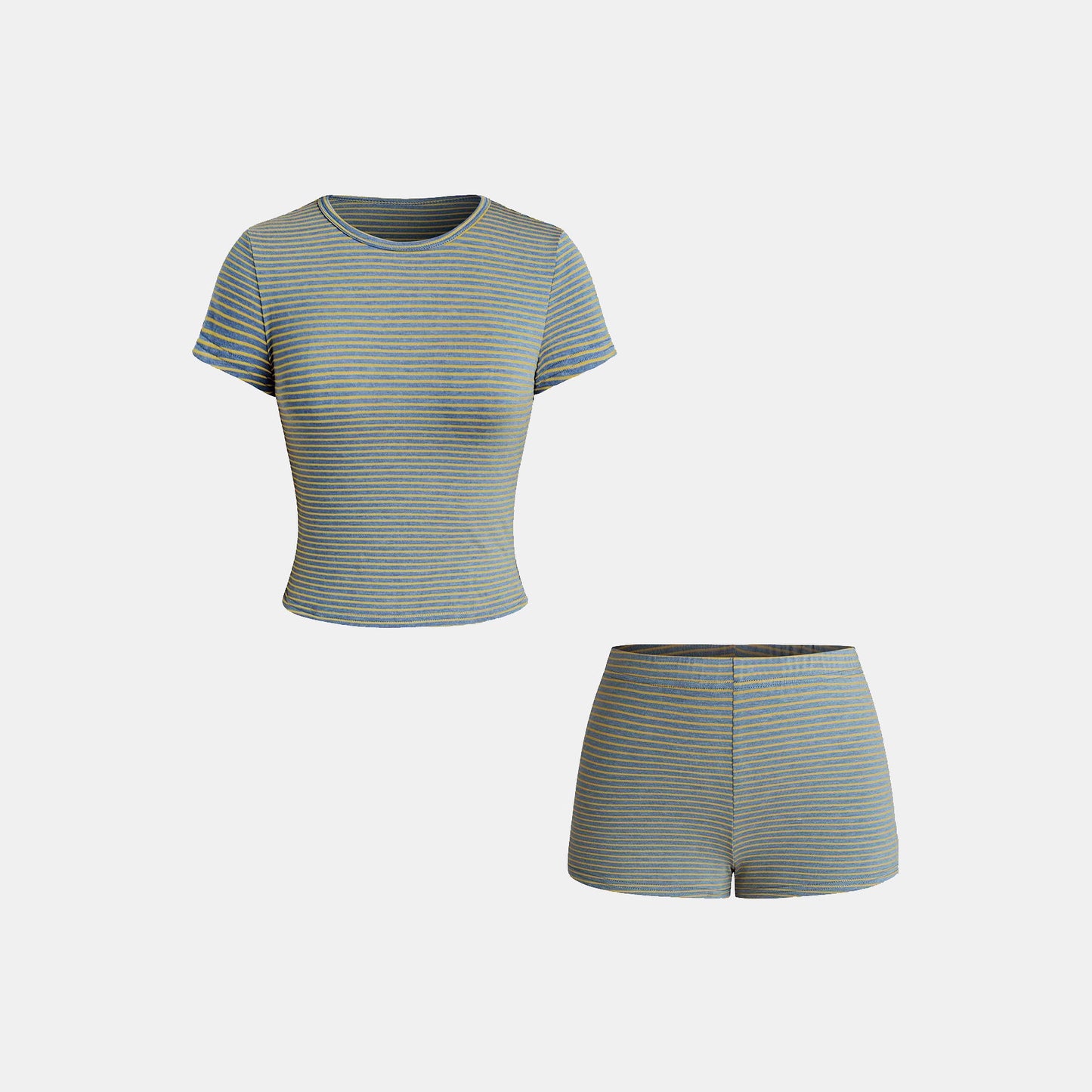 Striped Off-shoulder Short-sleeve Top And Shorts Set
