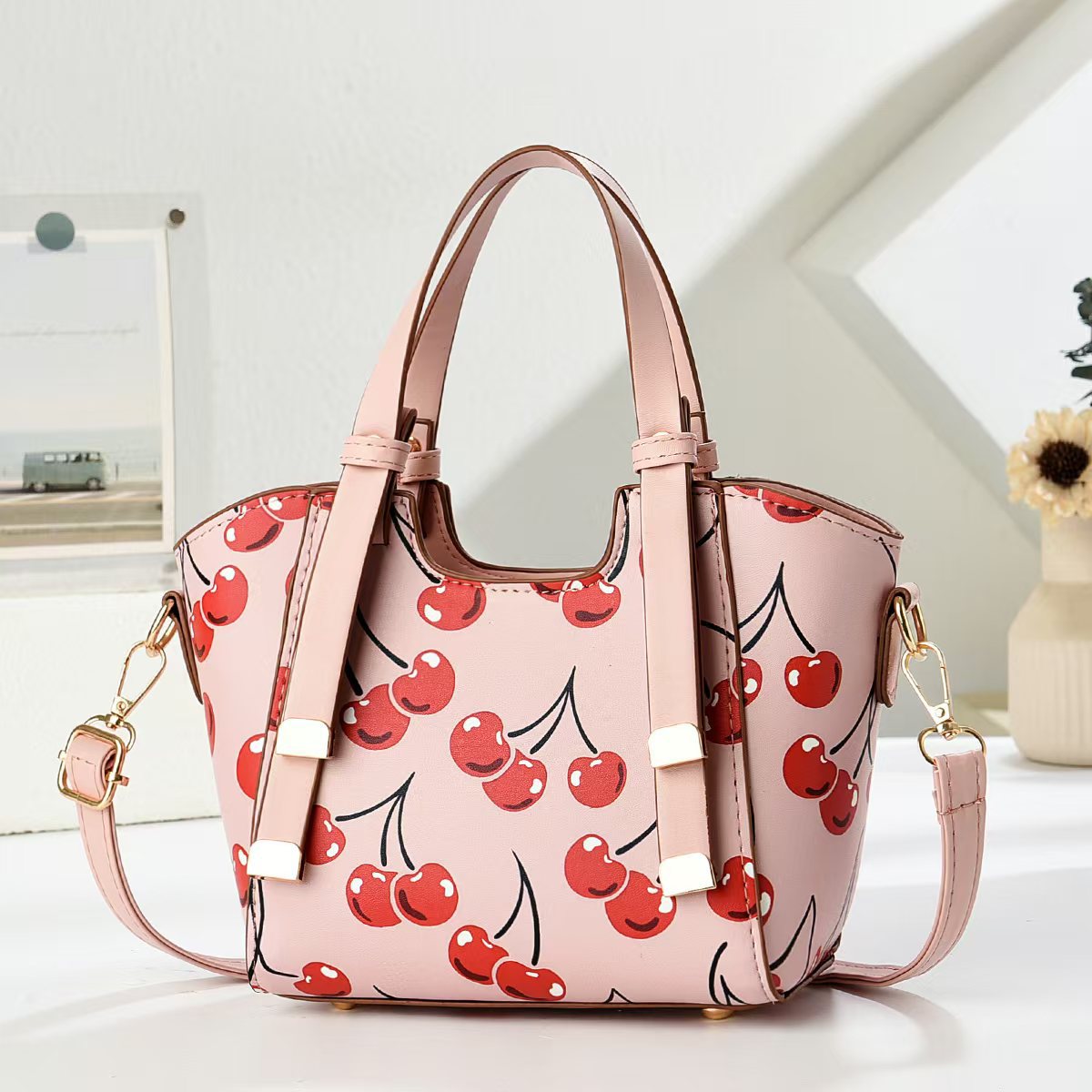 Bag Women's Classic All-match Vegetable Basket Cherry Print Hand Carrying