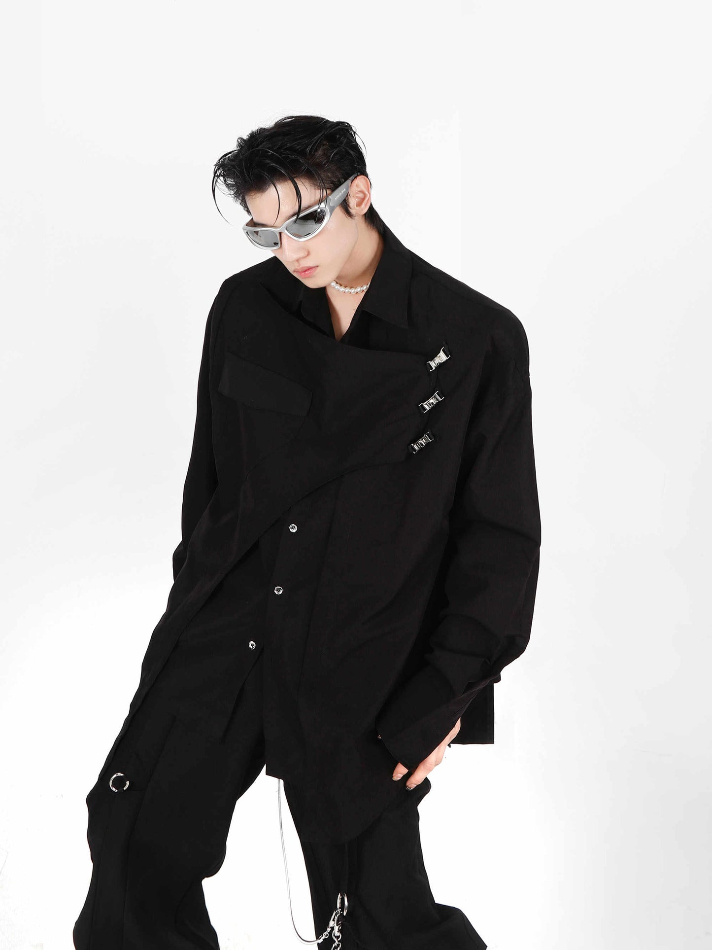 Double-layer Design Metal Embellished Long Sleeve Padded Shoulder Shirt