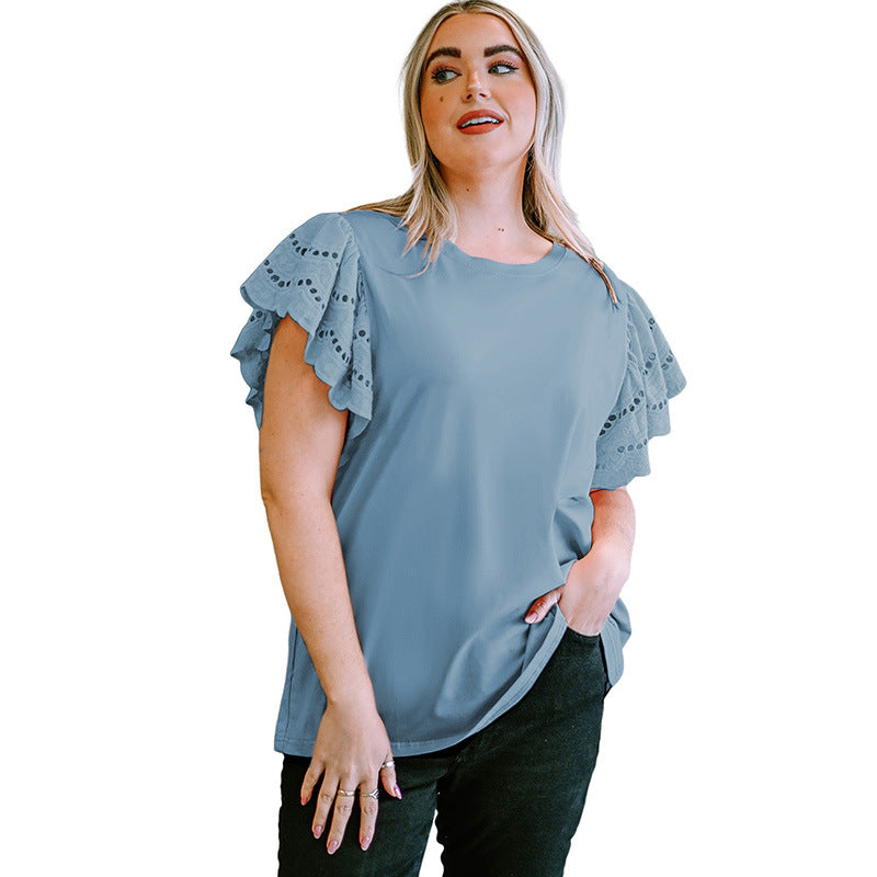 Female Lace Hollow Out Versatile Casual Short Sleeved Shirt