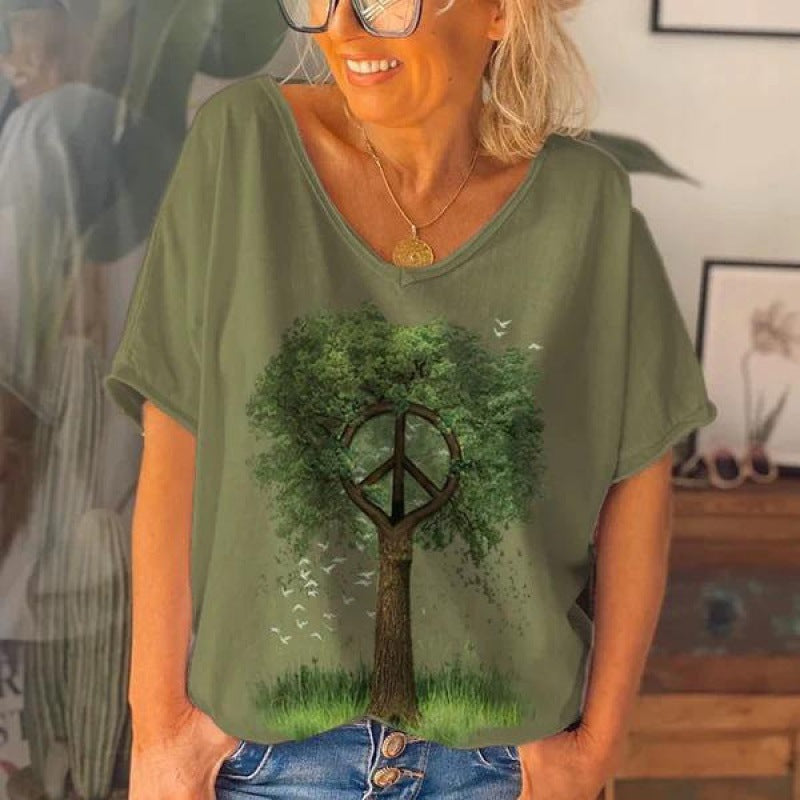 Loose Fashion V-neck Cartoon Digital Printed T-shirt