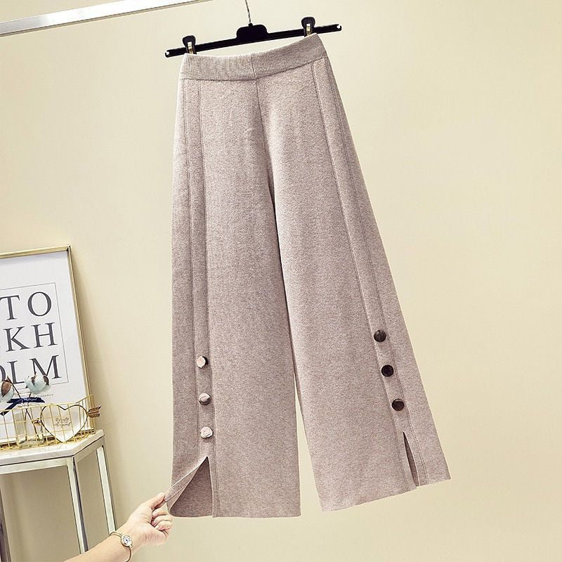 High Waist Design Sense Bootcut Pants Loose Slimming And Wide Leg Slit Knitted Women's Casual Trousers