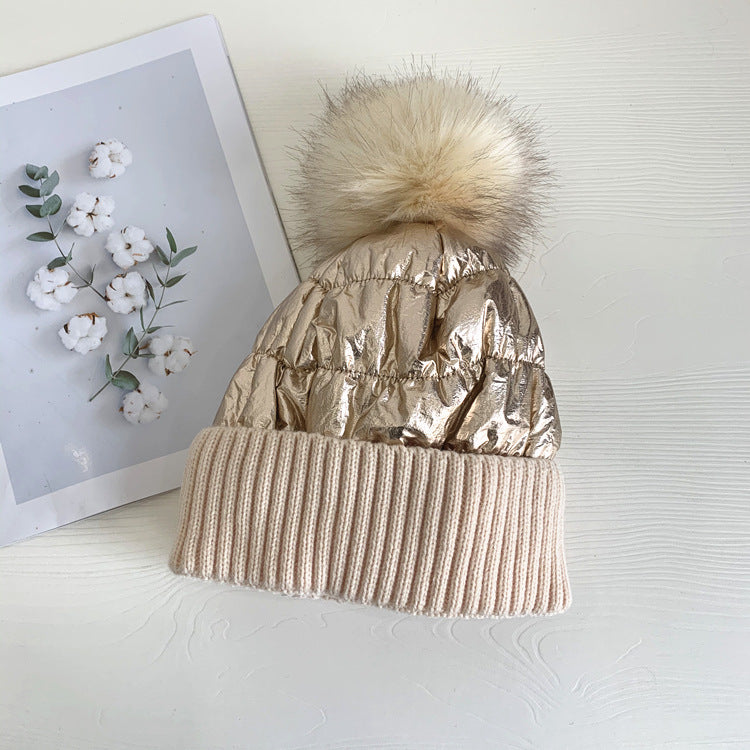 Women's Down Shiny Knit Hat With Fur Ball