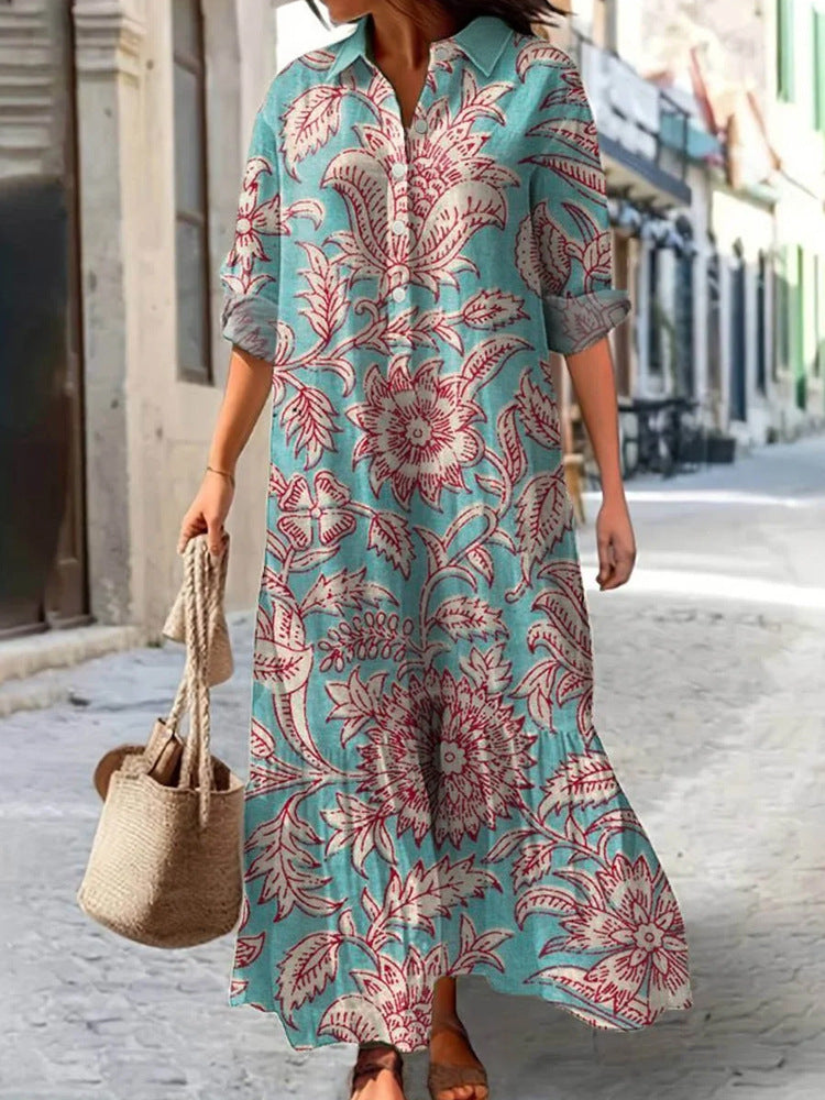 Womens Long-Sleeve Lapel-Neck Digital-Print Dress