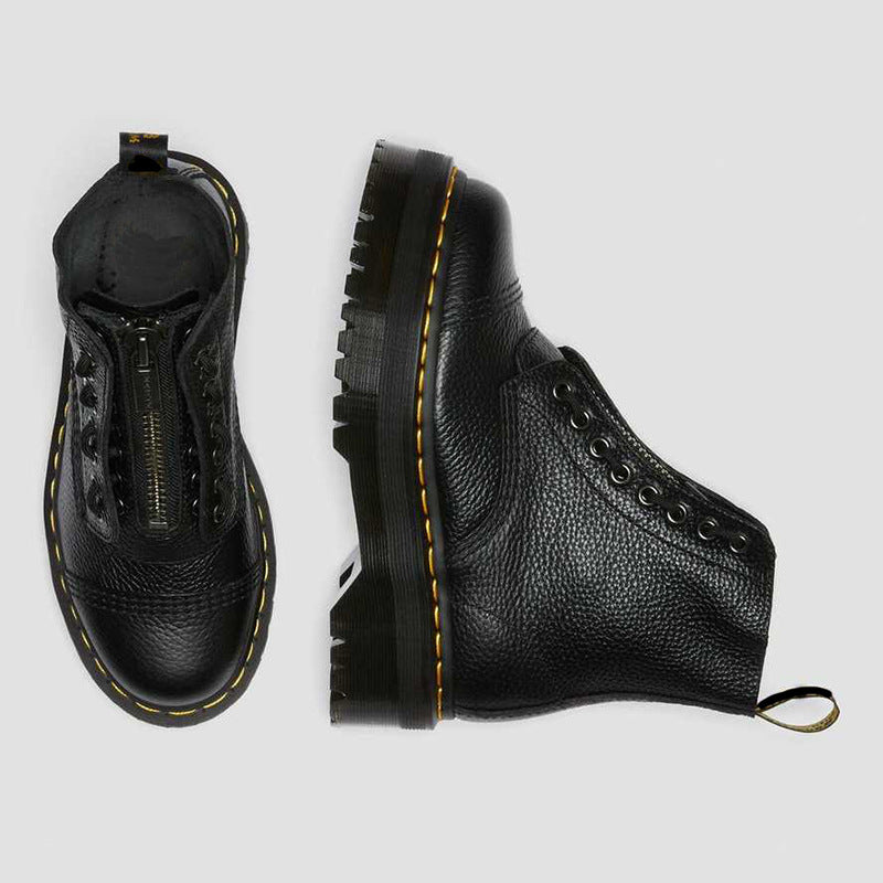 Martin Boots Women's Thick-soled Front Zip Cowhide Lychee Pattern