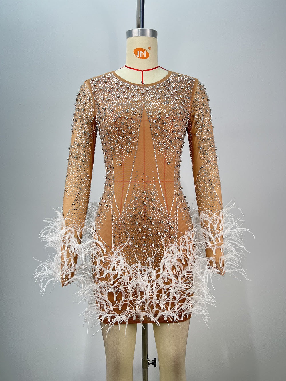 Fashionable Beaded Feather Round-Neck Dress