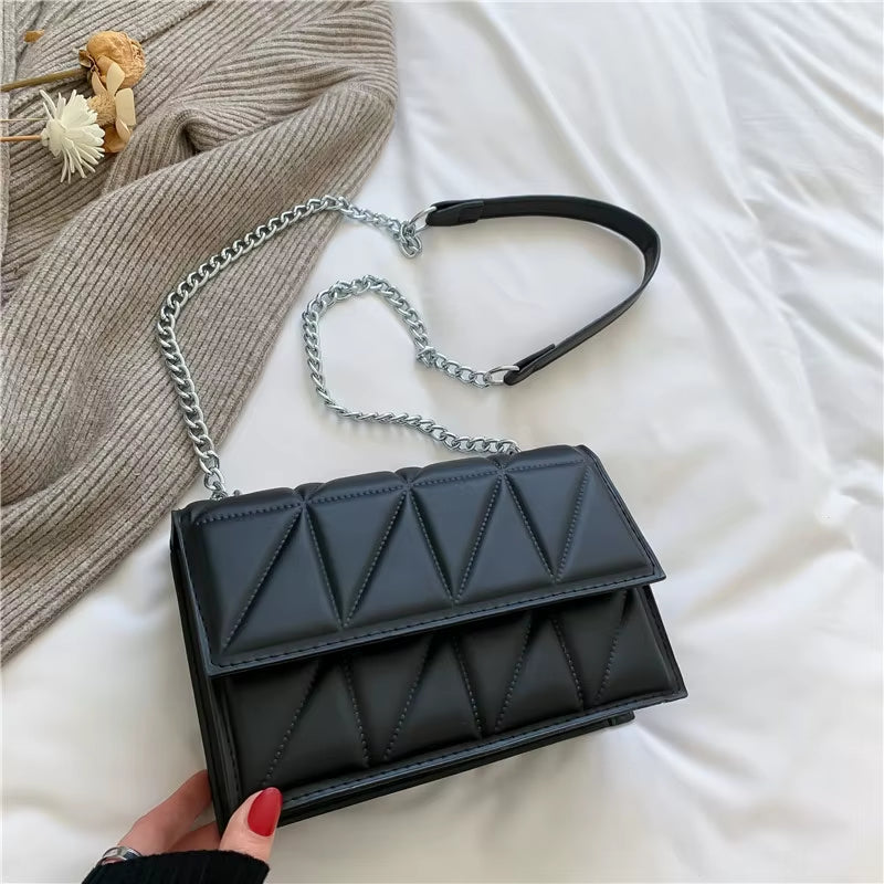 Solid Color Chain Strap Flap Shoulder Bag for Women, Embroidered Plaid Crossbody Handbag for Everyday Use