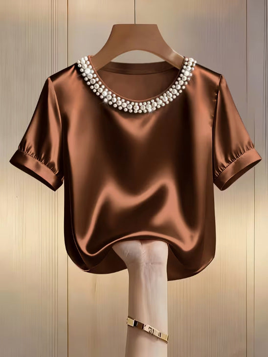 Sleek Stylish And Elegant Beaded Crew-neck Short-sleeve T-shirt