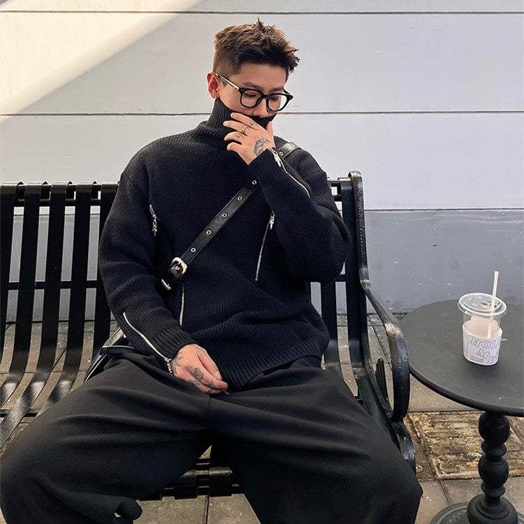 Mænds Vinter Ensfarvet Revers Højhalset Sweater