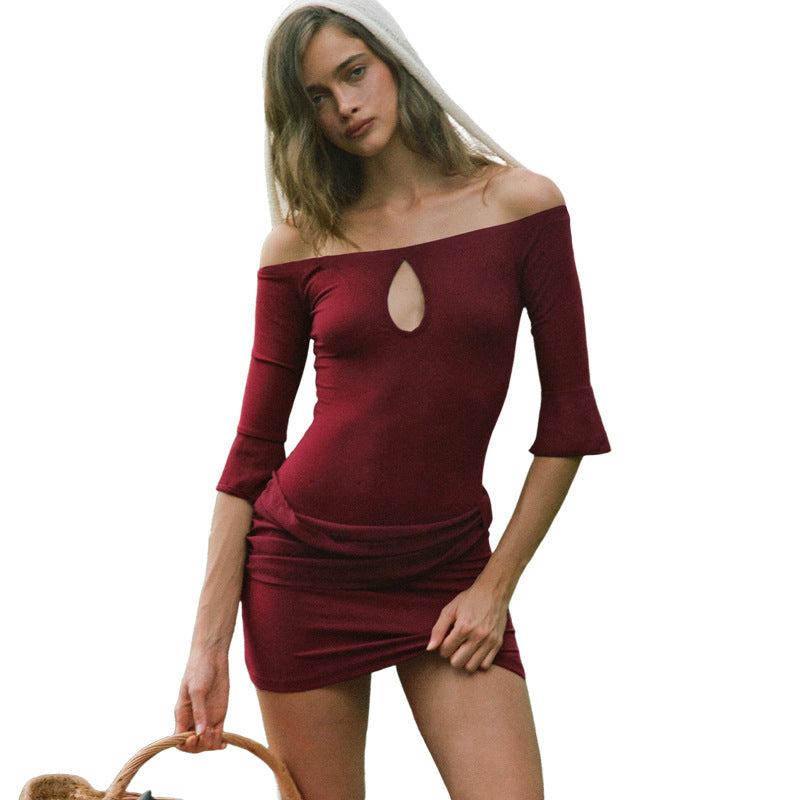 Womens Stylish Elegant Solid-color Off-shoulder High-waist Bodycon Dress