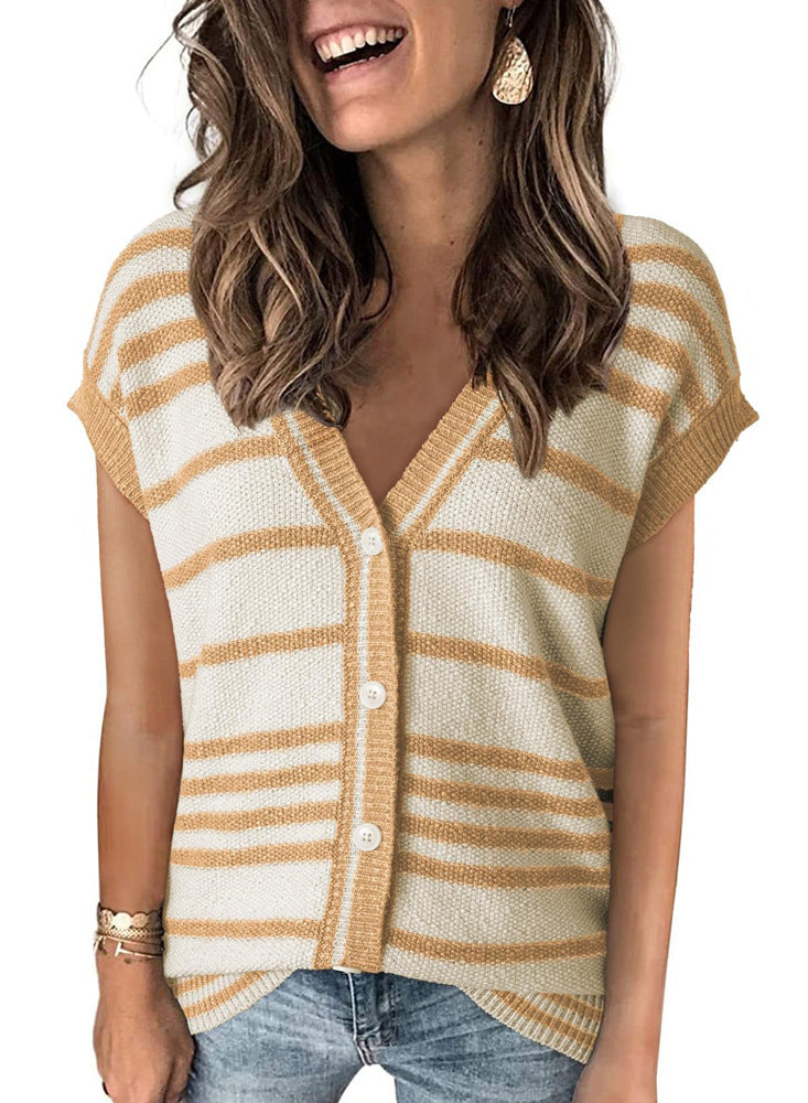 Striped Color Contrast Short Top T-shirt Women's Thin