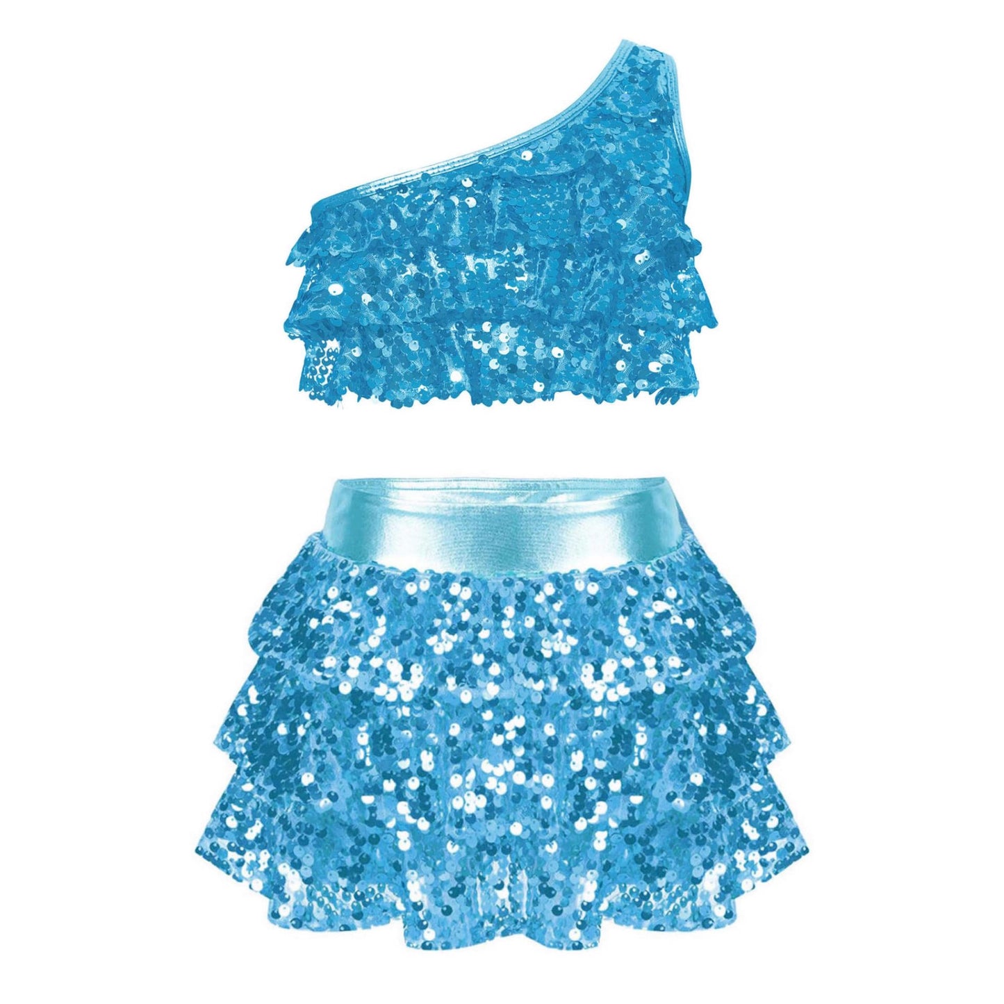 Solid-color Casual Sequin Slim-fit Skirt Set For Girls