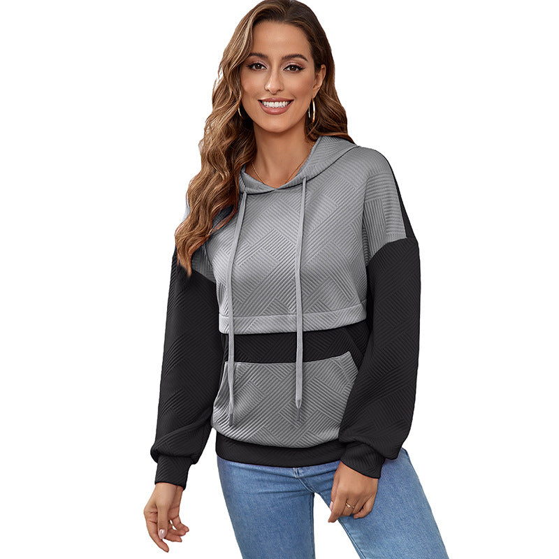 Winter Contrast Color Patchwork Hoodie Women's Loose Shoulder Pullover Top