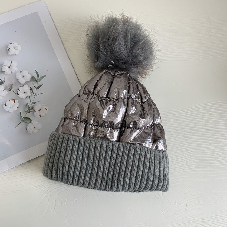 Women's Down Shiny Knit Hat With Fur Ball