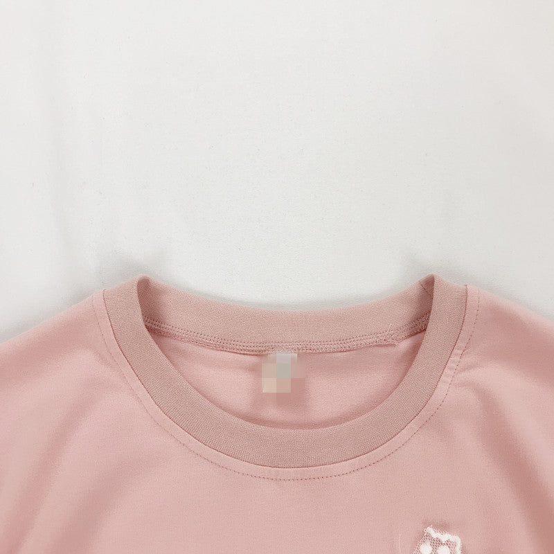 Love Bunny Print Lace Patchwork Short Sleeve T-Shirt
