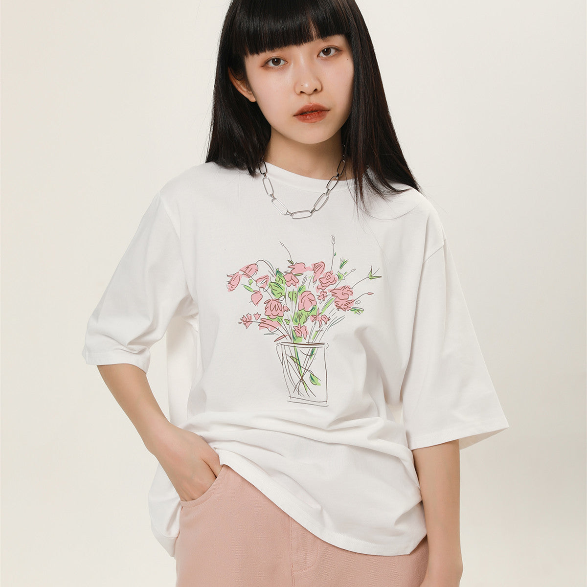 Women's Loose Rose Print Trendy Short Sleeve T-shirt