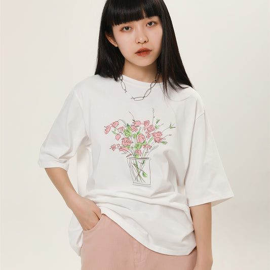 Women's Loose Rose Print Trendy Short Sleeve T-shirt