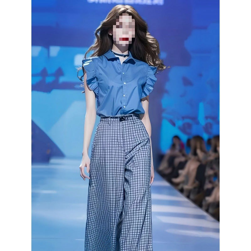 Blue Shirt And Loose Wide-leg Pants Two-piece Set