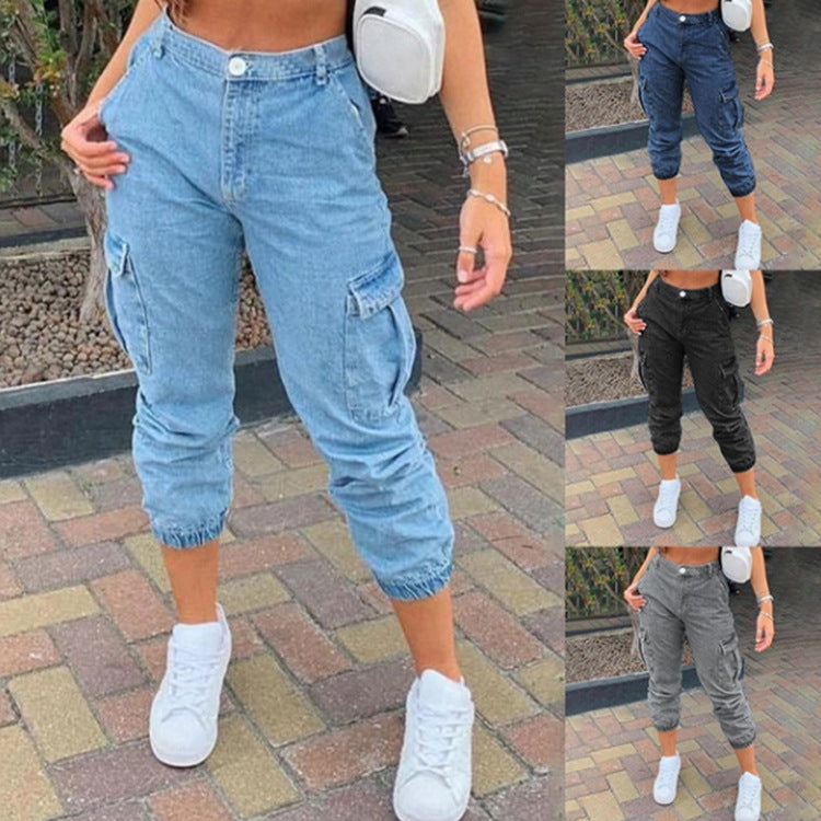 Side Pocket Ankle Banded Washed Mid-waist Denim Women's Trousers