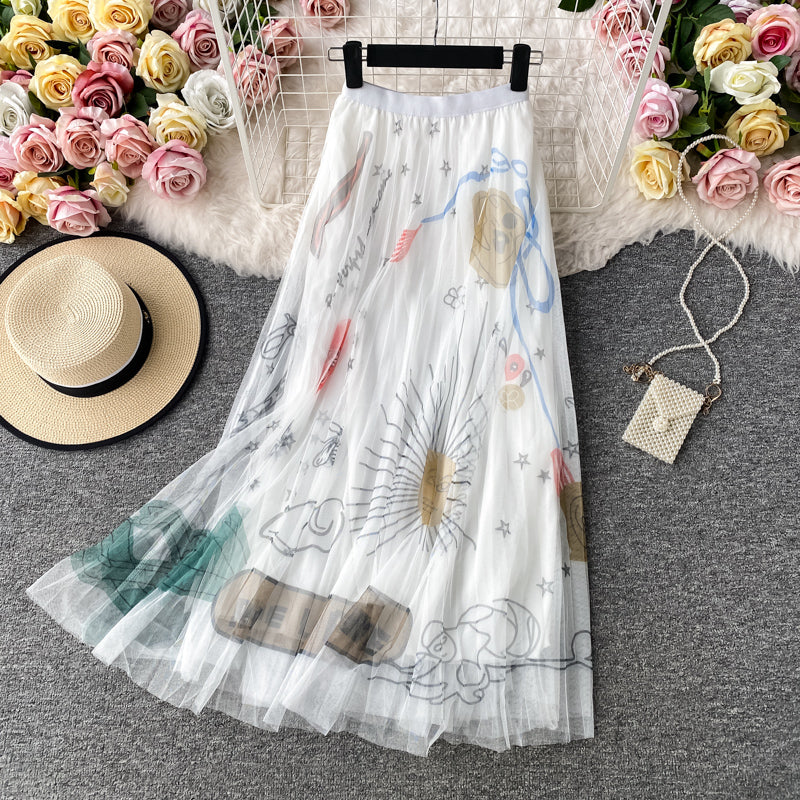 High-Waisted Slimming A-Line Maxi Skirt With Floral Print And Mesh Fabric