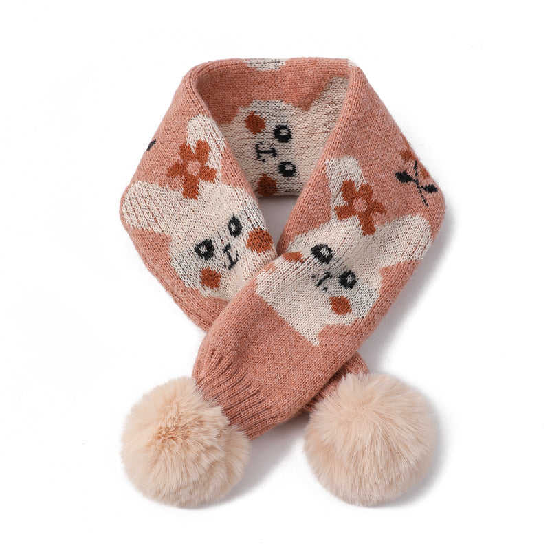 Cartoon Bear Rabbit Piercing Rabbit Hair Ball Knitted Wool Scarf