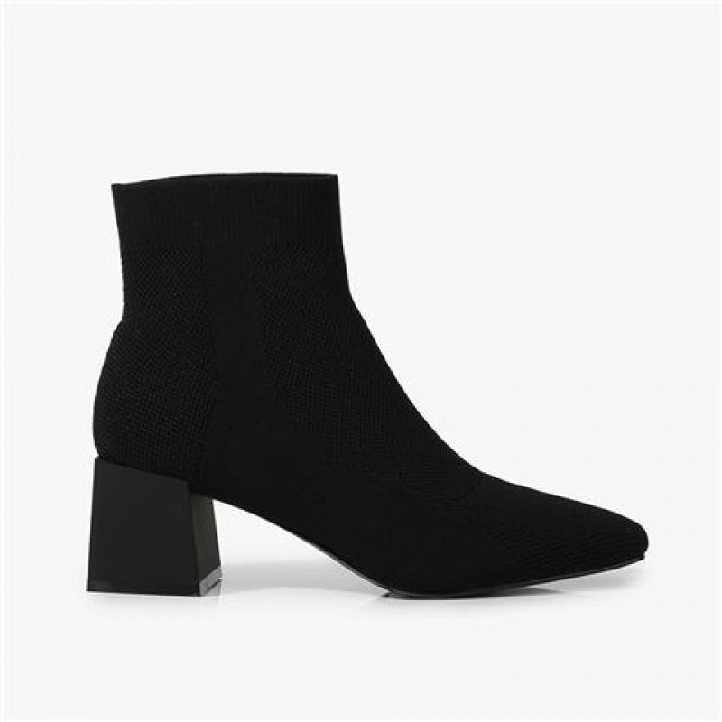 All-match Stretch Knitted High Heel Solid Color Chunky Heel Square Toe Booties Women