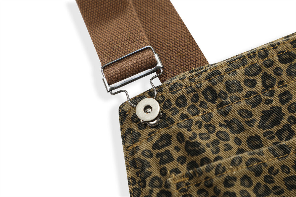 Leopard Print Denim Suspender Pants Men's High Street Loose